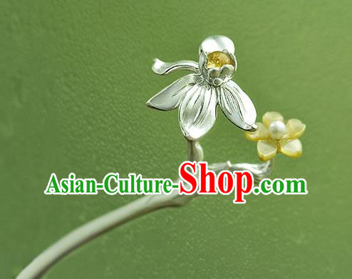 Chinese National Silver Daffodil Hair Stick Traditional Cheongsam Hair Accessories Handmade Shell Hairpin