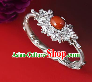 Chinese Traditional Silver Carving Peony Wristlet Accessories National Cheongsam Agate Bracelet