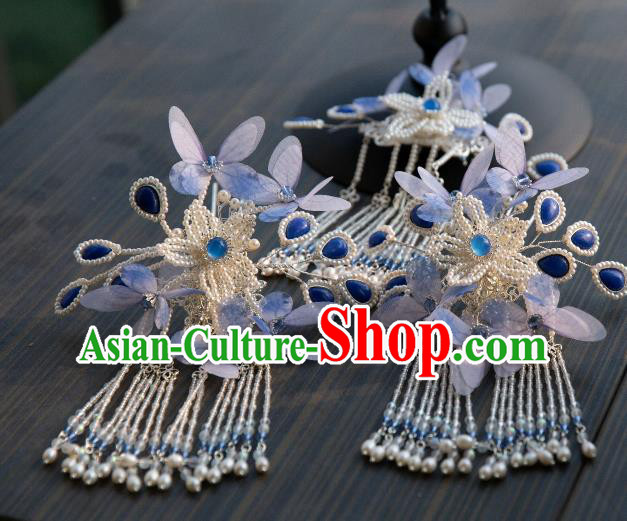 Chinese Traditional Ming Dynasty Hair Accessories Ancient Princess Blue Butterfly Pearls Tassel Hairpin