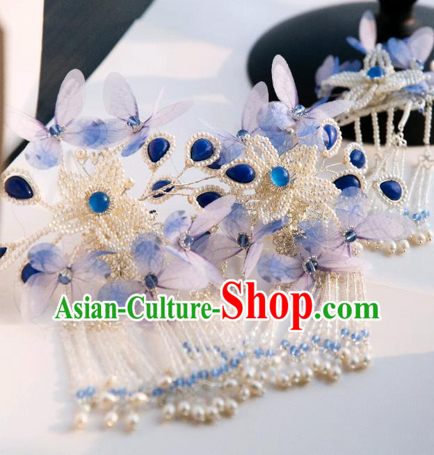Chinese Traditional Ming Dynasty Hair Accessories Ancient Princess Blue Butterfly Pearls Tassel Hairpin