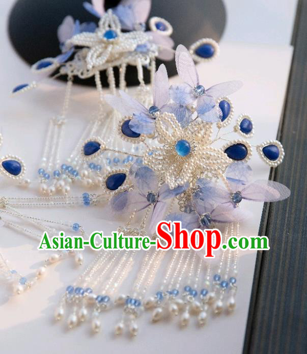 Chinese Traditional Ming Dynasty Hair Accessories Ancient Princess Blue Butterfly Pearls Tassel Hairpin