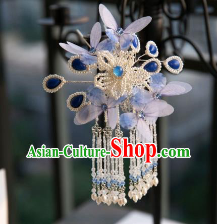 Chinese Traditional Ming Dynasty Hair Accessories Ancient Princess Blue Butterfly Pearls Tassel Hairpin
