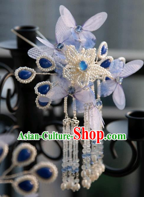 Chinese Traditional Ming Dynasty Hair Accessories Ancient Princess Blue Butterfly Pearls Tassel Hairpin