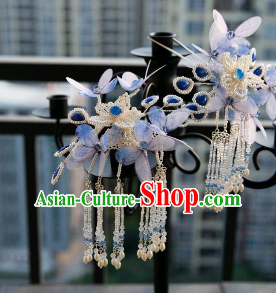 Chinese Traditional Ming Dynasty Hair Accessories Ancient Princess Blue Butterfly Pearls Tassel Hairpin