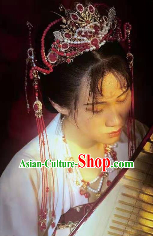 Chinese Ancient Princess Red Tassel Hair Crown Traditional Tang Dynasty Wedding Hair Accessories