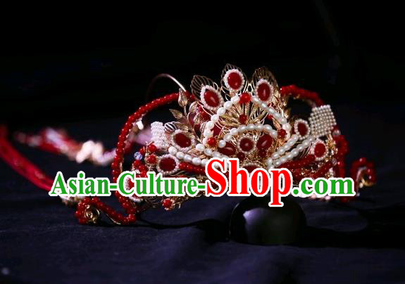 Chinese Ancient Princess Red Tassel Hair Crown Traditional Tang Dynasty Wedding Hair Accessories