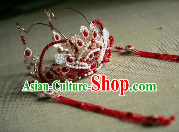 Chinese Ancient Princess Red Tassel Hair Crown Traditional Tang Dynasty Wedding Hair Accessories