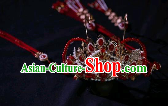 Chinese Ancient Princess Red Tassel Hair Crown Traditional Tang Dynasty Wedding Hair Accessories