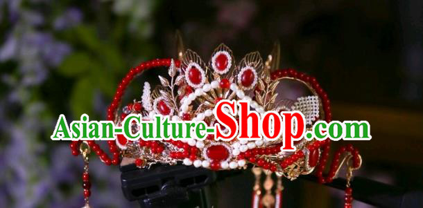 Chinese Ancient Princess Red Tassel Hair Crown Traditional Tang Dynasty Wedding Hair Accessories