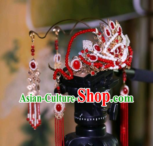 Chinese Ancient Princess Red Tassel Hair Crown Traditional Tang Dynasty Wedding Hair Accessories