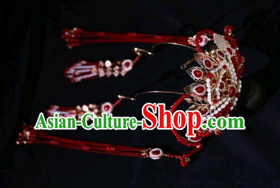 Chinese Ancient Princess Red Tassel Hair Crown Traditional Tang Dynasty Wedding Hair Accessories