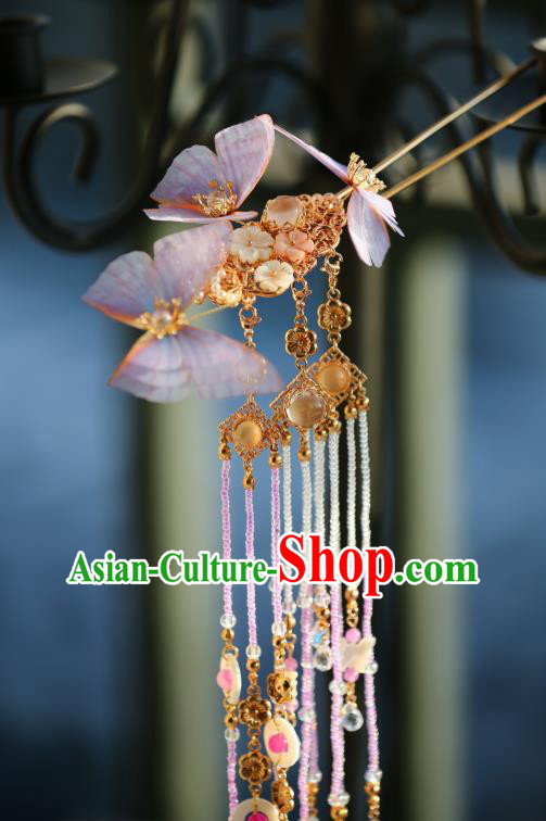 Chinese Traditional Ming Dynasty Lilac Silk Butterfly Hairpin Ancient Princess Beads Tassel Hair Stick
