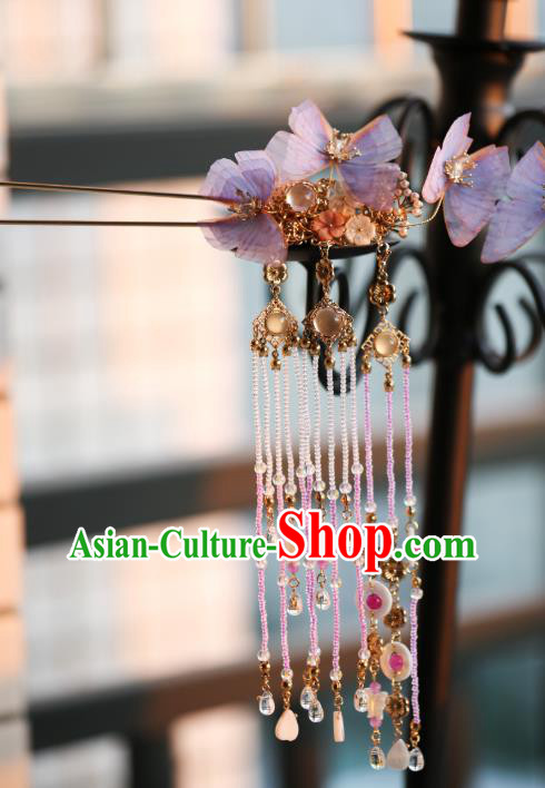Chinese Traditional Ming Dynasty Lilac Silk Butterfly Hairpin Ancient Princess Beads Tassel Hair Stick