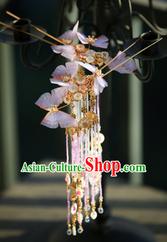 Chinese Traditional Ming Dynasty Lilac Silk Butterfly Hairpin Ancient Princess Beads Tassel Hair Stick