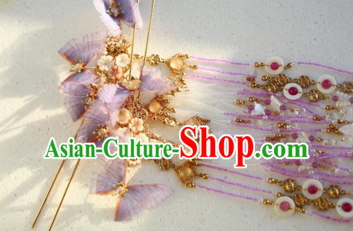 Chinese Traditional Ming Dynasty Lilac Silk Butterfly Hairpin Ancient Princess Beads Tassel Hair Stick