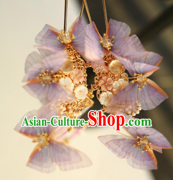 Chinese Traditional Ming Dynasty Lilac Silk Butterfly Hairpin Ancient Princess Beads Tassel Hair Stick