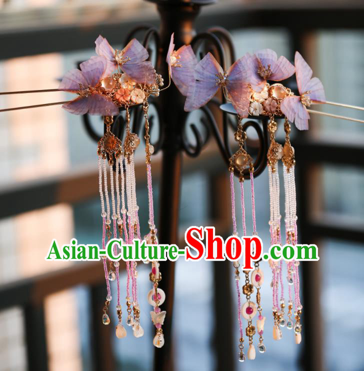 Chinese Traditional Ming Dynasty Lilac Silk Butterfly Hairpin Ancient Princess Beads Tassel Hair Stick