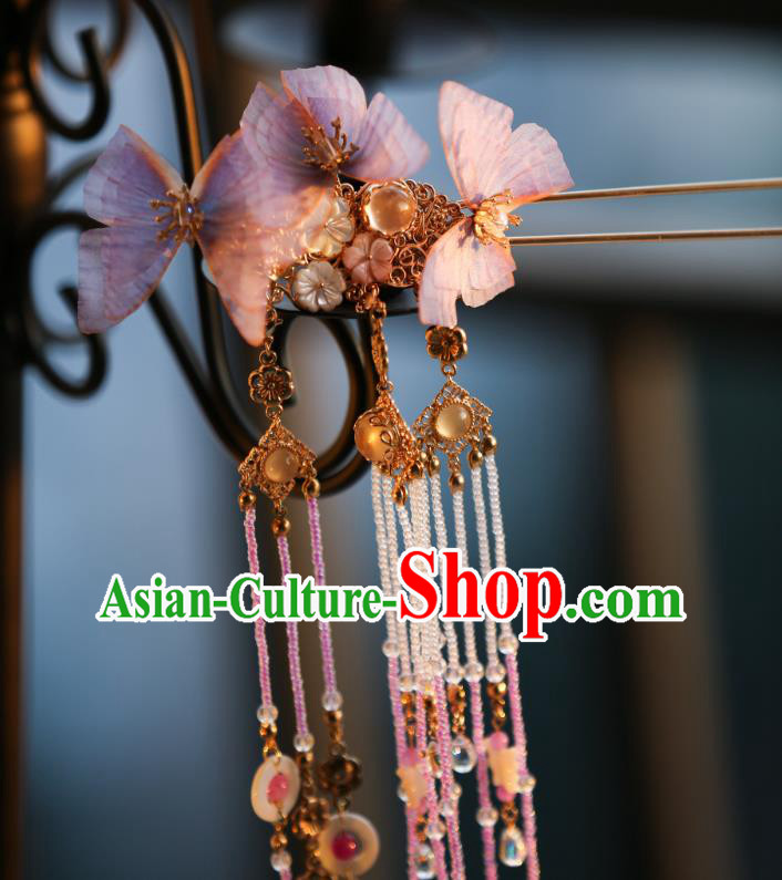 Chinese Traditional Ming Dynasty Lilac Silk Butterfly Hairpin Ancient Princess Beads Tassel Hair Stick
