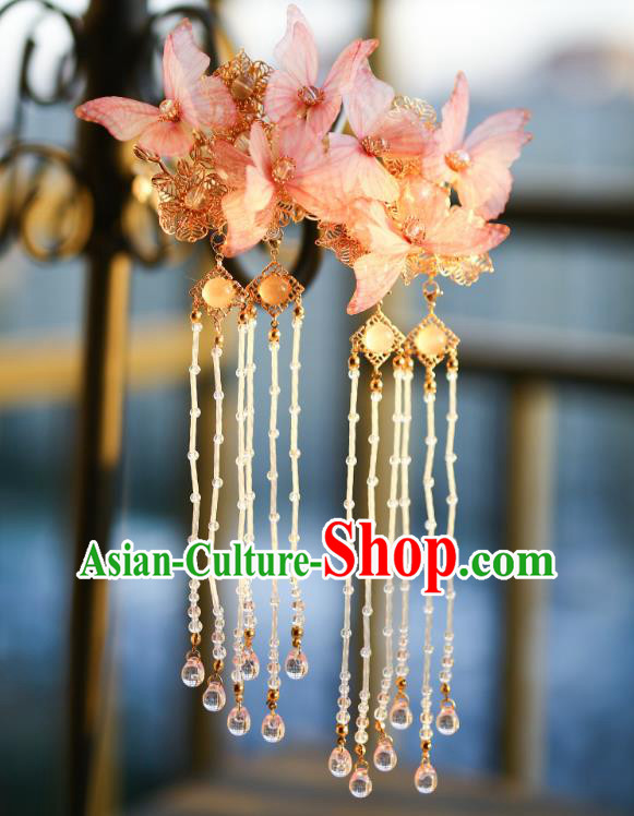 Chinese Ancient Princess Beads Tassel Hair Stick Traditional Hanfu Pink Silk Butterfly Hairpin