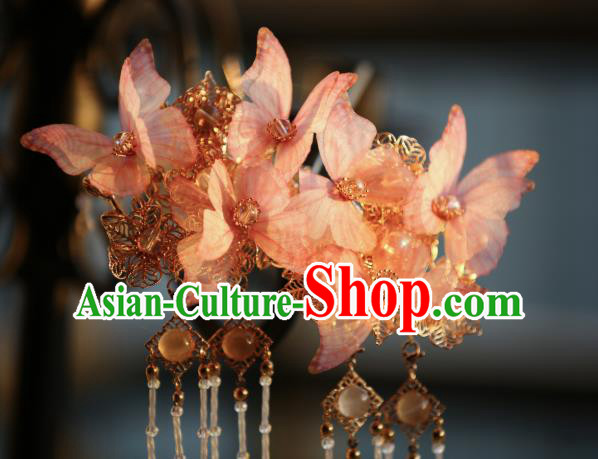 Chinese Ancient Princess Beads Tassel Hair Stick Traditional Hanfu Pink Silk Butterfly Hairpin