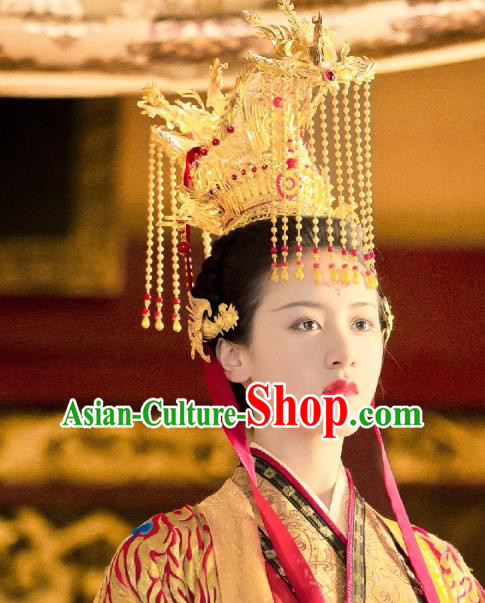Chinese Drama Love and Redemption Headwear Ancient Queen Golden Dragon Tassel Hair Crown