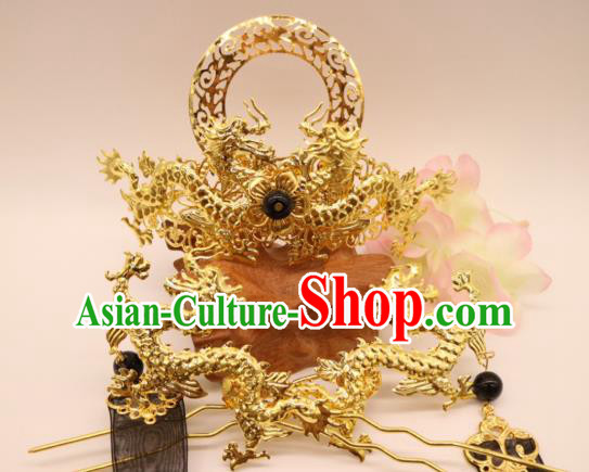 Chinese Ancient Swordswoman Hair Accessories Golden Hair Crown and Hairpins