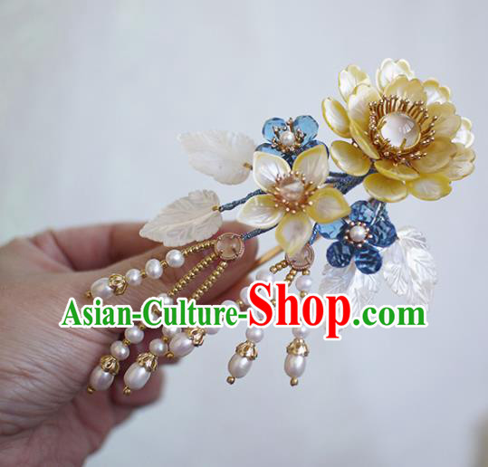 Chinese Ancient Princess Pearls Hairpin Traditional Hanfu Yellow Shell Peony Hair Stick