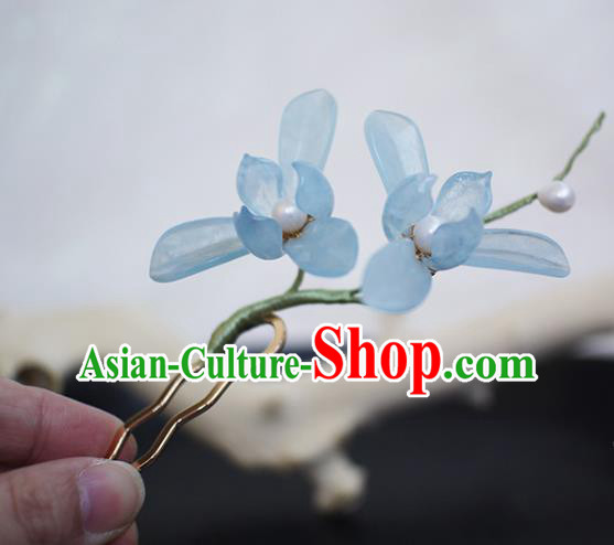Chinese Ancient Palace Lady Hairpin Traditional Hanfu Blue Orchids Hair Stick