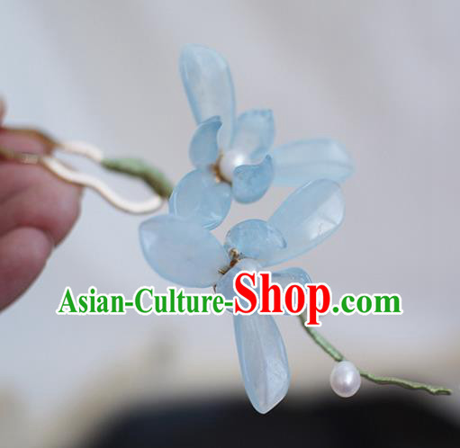 Chinese Ancient Palace Lady Hairpin Traditional Hanfu Blue Orchids Hair Stick