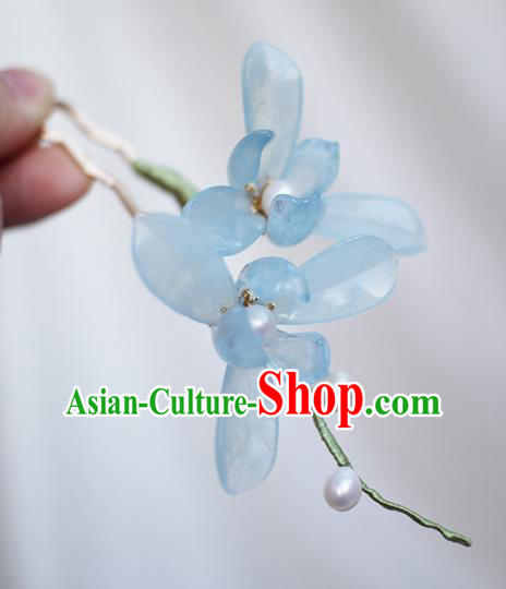 Chinese Ancient Palace Lady Hairpin Traditional Hanfu Blue Orchids Hair Stick