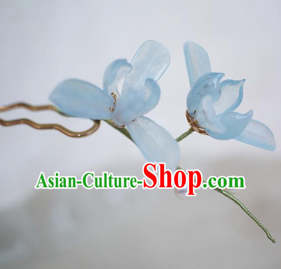 Chinese Ancient Palace Lady Hairpin Traditional Hanfu Blue Orchids Hair Stick