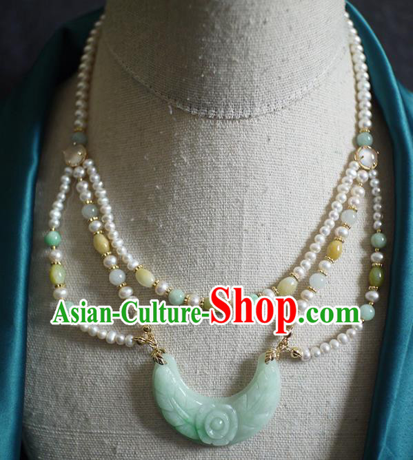 Chinese Traditional Ming Dynasty Jade Carving Necklace Accessories Ancient Princess Pearls Necklet