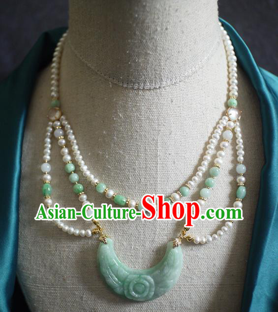 Chinese Traditional Ming Dynasty Jade Carving Necklace Accessories Ancient Princess Pearls Necklet