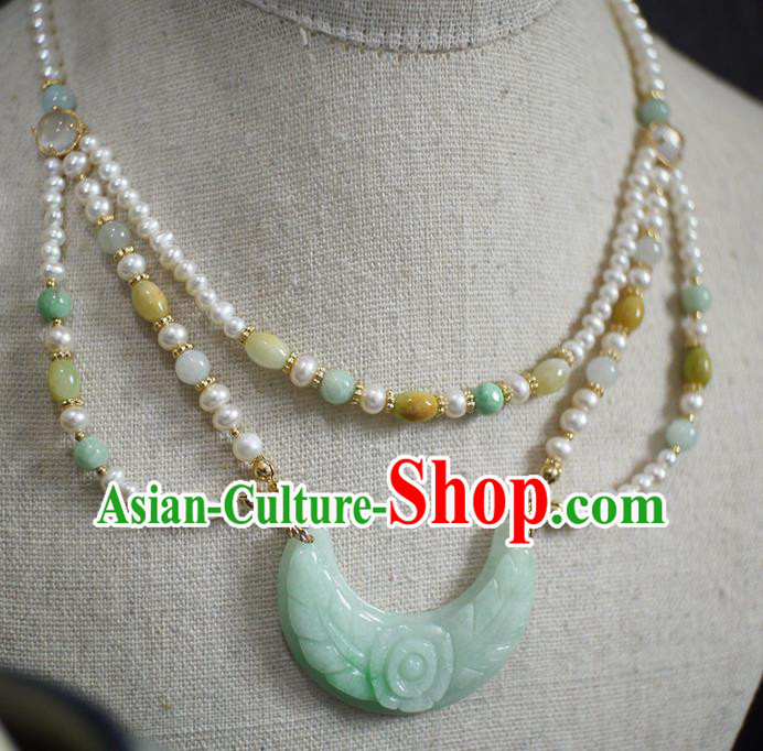 Chinese Traditional Ming Dynasty Jade Carving Necklace Accessories Ancient Princess Pearls Necklet