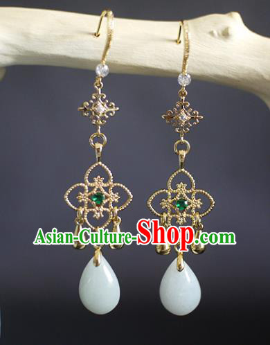 China Handmade Jadeite Earrings Traditional Ming Dynasty Golden Clover Ear Jewelry