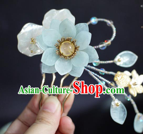 Chinese Ancient Princess Beads Shell Goldfish Hairpin Traditional Ming Dynasty Aquamarine Lotus Hair Comb