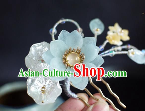 Chinese Ancient Princess Beads Shell Goldfish Hairpin Traditional Ming Dynasty Aquamarine Lotus Hair Comb