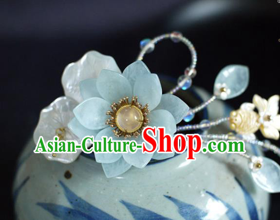 Chinese Ancient Princess Beads Shell Goldfish Hairpin Traditional Ming Dynasty Aquamarine Lotus Hair Comb