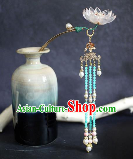 Chinese Traditional Ming Dynasty Lotus Pearls Hair Stick Ancient Princess Blue Beads Tassel Hairpin