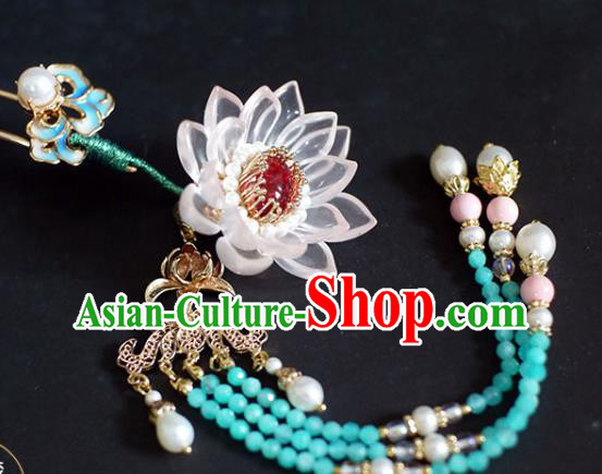 Chinese Traditional Ming Dynasty Lotus Pearls Hair Stick Ancient Princess Blue Beads Tassel Hairpin