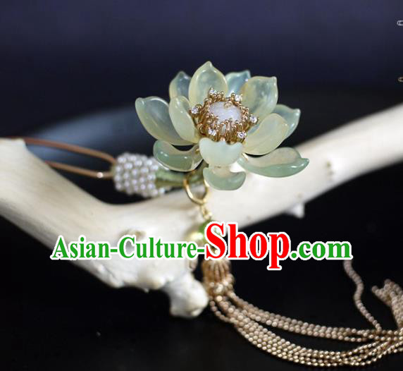 Chinese Ancient Princess Jade Lotus Tassel Hairpin Traditional Ming Dynasty Pearls Hair Stick