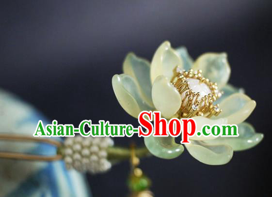 Chinese Ancient Princess Jade Lotus Tassel Hairpin Traditional Ming Dynasty Pearls Hair Stick