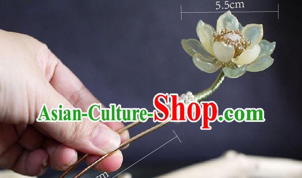 Chinese Ancient Princess Jade Lotus Tassel Hairpin Traditional Ming Dynasty Pearls Hair Stick