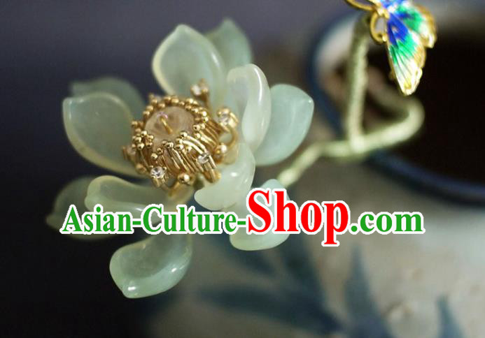 Chinese Ancient Young Beauty Jade Lotus Hairpin Traditional Ming Dynasty Cloisonne Butterfly Hair Comb
