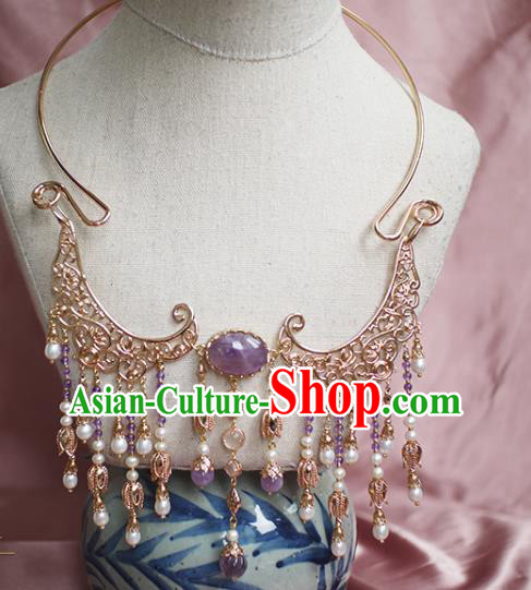 Chinese Traditional Ming Dynasty Pearls Tassel Necklace Accessories Ancient Princess Amethyst Necklet