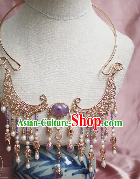 Chinese Traditional Ming Dynasty Pearls Tassel Necklace Accessories Ancient Princess Amethyst Necklet