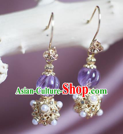 China Handmade Amethyst Earrings Traditional Ming Dynasty Empress Pearls Ear Jewelry