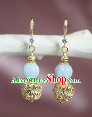 China Traditional Ming Dynasty Court Woman Golden Ear Jewelry Handmade Jadeite Earrings
