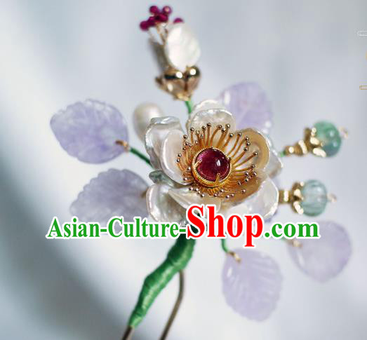 Chinese Ancient Imperial Concubine Shell Peony Hairpin Traditional Ming Dynasty Amethyst Leaf Hair Stick