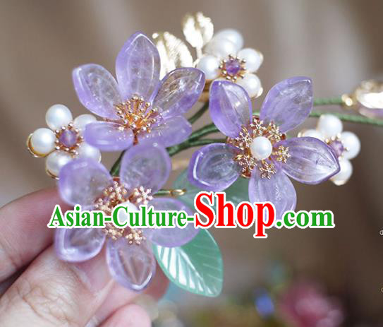 Chinese Ancient Princess Amethyst Grandiflorum Hairpin Traditional Ming Dynasty Pearls Hair Stick